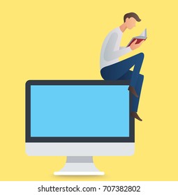 man reading book sitting on a computer vector illustration