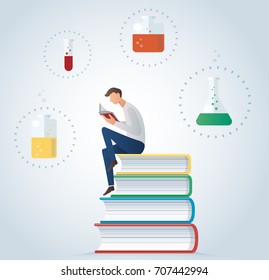 the man reading book sitting on glassware for chemical vector illustration