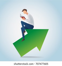 man reading book sitting on the arrow icon vector, concept of education illustration