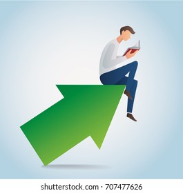 man reading book sitting on the arrow icon vector, concept of education illustration