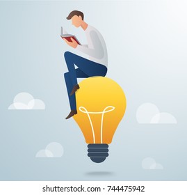 Man Reading Book Sitting On Light Bulb Vector Illustration