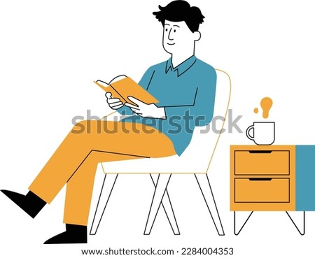 Man reading a book sitting on a chair and drinking coffee. Flat style vector illustration.
