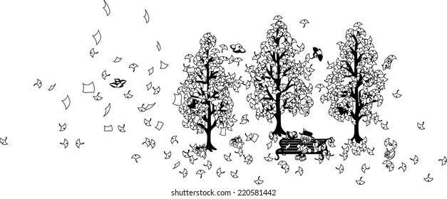 A man is reading a book with small animals on the bench in the forest that ginkgo leaves are dancing.