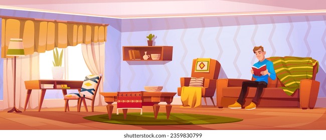 Man reading book of sofa in house living room vector background. Bohemian livingroom lounge interior with table, chair, couch and carpet inside retro flat with male character graphic illustration.