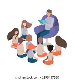 man reading book in the sofa with kids
