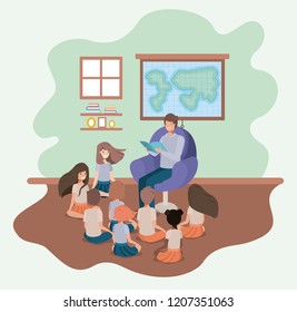 man reading book in the sofa with kids