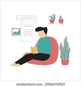 Man Reading A Book In A Soft Chair, Flat Vector Illustration