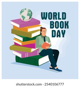 Man is reading a book. Stack of books and globe. World Book Day concept. Flat vector illustration.