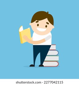 Man reading a book with stacks of books. research and education. self development. concept of reading
