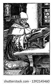 Man Reading Book, stand, table, older religious, vintage line drawing or engraving illustration.