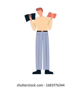 Man reading book. Man standing and holding two books in both of his hands. Boy choosing information for project. Business problem solving concept. Flat vector illustration