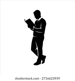 Man reading book standing pose, vector silhouette isolated. Businessman reading document. Silhouette of student studying educational material.