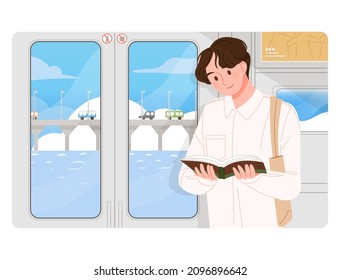 A man reading a book in a standing position in the subway. Reading character vector illustration.