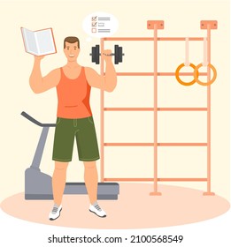 Man reading book, studying and do sport. Guy student is resting with book, male character is fond of literature, enjoys reading, gets education. Character reading and resting after work, bibliophile