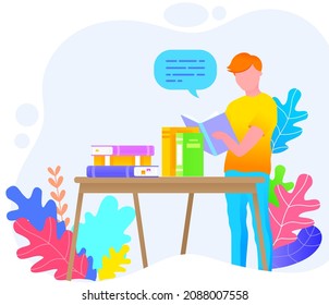 Man reading book, studying at home. Guy student is resting with book, male character is fond of literature, enjoys reading, gets education. Character is reading and resting after work, bibliophile