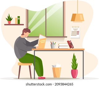 Man reading book, studying at home. Guy student is resting with book, male character is fond of literature, enjoys reading, gets education. Character is reading and resting after work, bibliophile