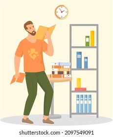 Man reading book, studying at home. Guy student is resting with book, male character is fond of literature, enjoys reading, gets education. Character is reading and resting after work, bibliophile