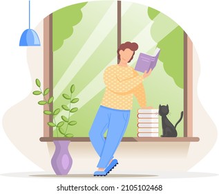 Man reading book, studying at home. Guy student is resting with book, male character is fond of literature, enjoys reading, gets education. Character is reading and resting after work, bibliophile