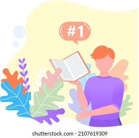 Man reading book, studying at home. Guy student is resting with book, male character is fond of literature, enjoys reading, gets education. Character is reading and resting after work, bibliophile