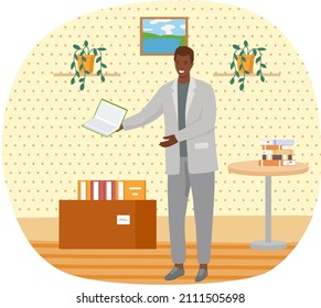 Man reading book, studying at home. Guy student is resting with book, male character is fond of literature, enjoys reading, gets education. Character is reading and resting after work, bibliophile