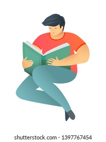 Man Reading Book Studying Literature Flat Design. Modern flat style girl reading a book studying illustration, isolated.