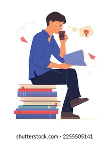 El hombre leyendo un libro y pensando en la buena idea
