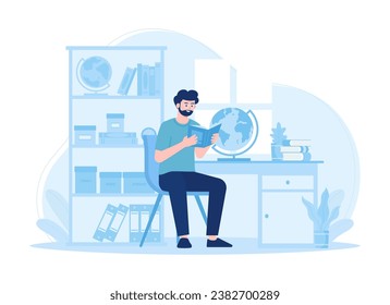 A man is reading a book trending concept flat illustration