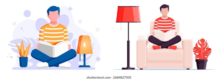 Hombre leyendo libro en dos variaciones, sentado en el suelo con la planta y la lámpara de mesa, y sentado en el sillón con la lámpara de pie y la planta de casa.