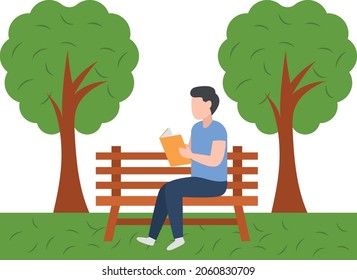 man reading book under shade tree Concept, Boy sitting on desk in Park Vector Color Icon Design, Free time activities Symbol, Extracurricular activity Sign, hobbies interests Stock Illustration