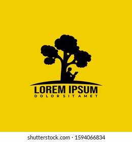 Man reading book under the tree logo template with silhouette illustration in flat design monogram symbol