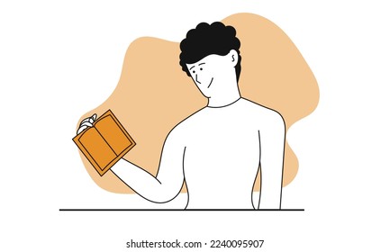 Man reading book vector concept illustration. Education character and student study. Knowledge with literature and male hobby learning. Smart information and educational literary. Clever adult guy