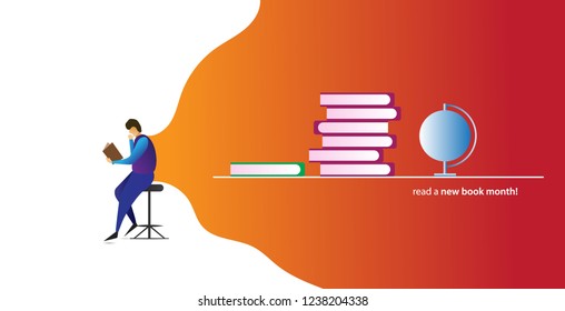 A man reading book vector illustration. Tiny people character. Template for web landing page, banner, poster, presentation, social media.