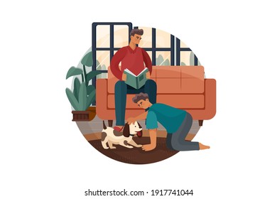 Man reading book while his kid playing with dog vector Illustration concept. Flat illustration isolated on white background.