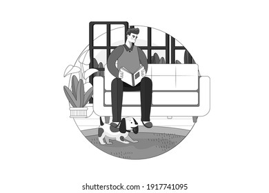 Man reading book while his kid playing with dog vector Illustration concept. Flat illustration isolated on white background.