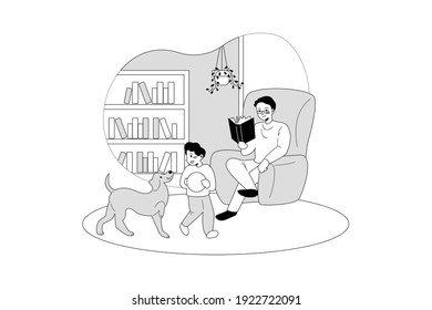 Man reading book while his kid playing with dog Vector Illustration concept. Flat illustration isolated on white background.