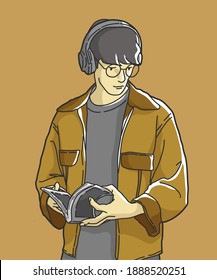 man is reading a book while listening to music. hand drawn style vector design illustrations.