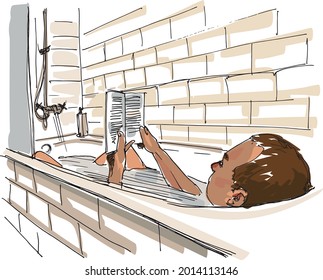 A man reading a book while relaxing in a bathtub in a hotel