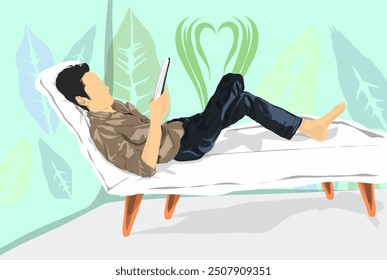 Ein Mann, der ein Buch liest, während er sich auf einem Sofa im Inneren entspannt, mit einem abstrakten Hintergrund von bunten Blattdekorationen