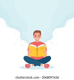 Man reading book while sitting. Learning and literacy day concept. Cute vector illustration in flat cartoon style