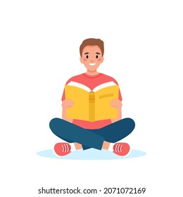 Man reading book while sitting. Learning and literacy day concept. Cute vector illustration in flat cartoon style