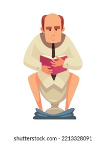 Man reading book while sitting on toilet bowl flat vector illustration