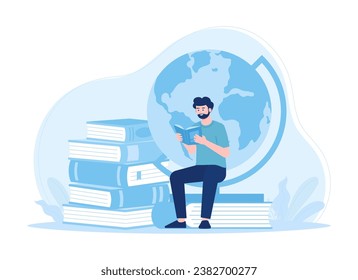 Ein Mann, der ein Buch in der Welt der globalen Bildung Trendkonzept liest, flache Illustration