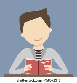 Man reading the book. Young adult boy having a rest with good book. Vector illustration flat design