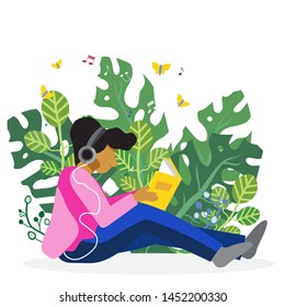 man reading books sitting on garden. in headphones listening to music.isolated on white background. Colorful vector illustration in flat cartoon style.