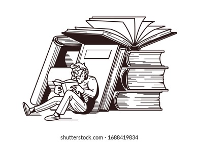 Man Reading Books Vector Illustration. Male In Glasses Sitting Near Stack Of Textbook Flat Style Design In White And Black Colour. Intellectual Hobby Concept