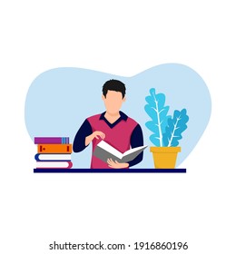 Un hombre leyendo libros, ilustración vectorial. 
