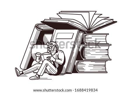 Man reading books vector illustration. Male in glasses sitting near stack of textbook flat style design in white and black colour. Intellectual hobby concept