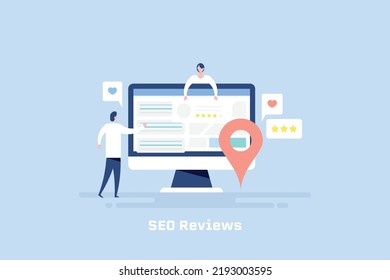 Man reading business reviews on search engine, People sharing Business reviews, Business listing SEO reviews - flat design vector illustration with characters