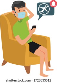un hombre leyendo una notificación de vuelo cancelada en su ilustración telefónica