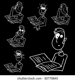 hombre leyendo personaje de caricatura con diferentes expresiones faciales